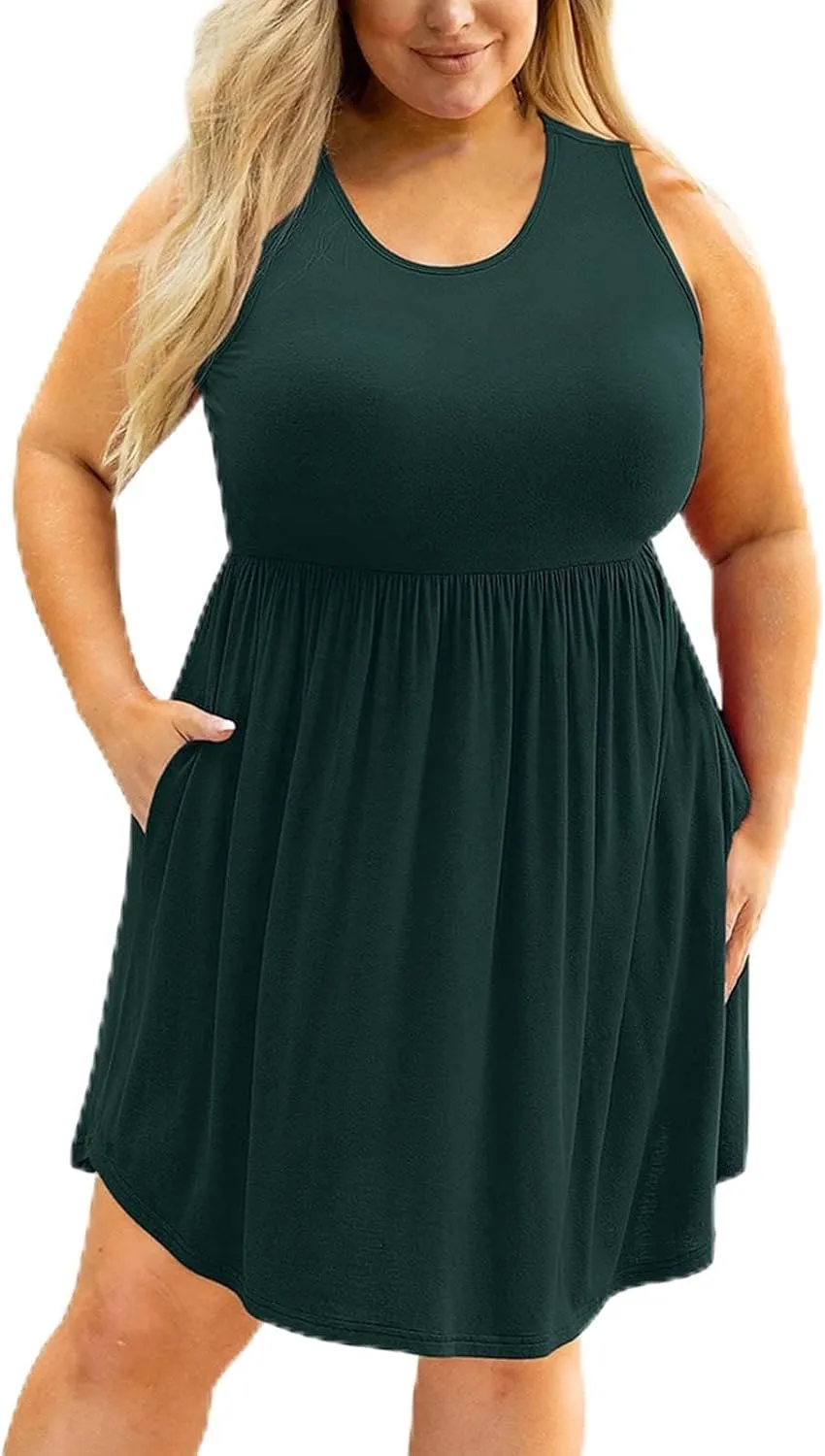 Lpmadey Women Sleeveless Loose Plain Casual Plus Size Midi Dress with Pockets Ruched Elastic Waist A-Line Flowy Sundress