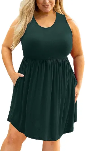 Lpmadey Women Sleeveless Loose Plain Casual Plus Size Midi Dress with Pockets Ruched Elastic Waist A-Line Flowy Sundress