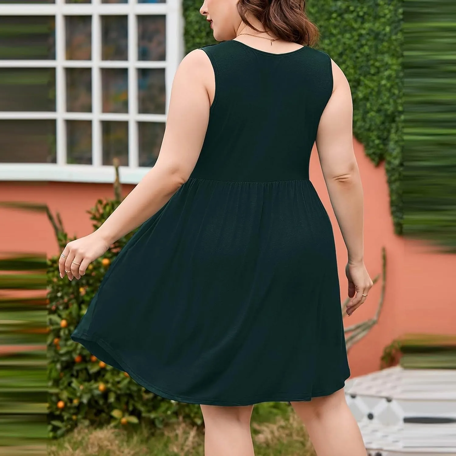 Lpmadey Women Sleeveless Loose Plain Casual Plus Size Midi Dress with Pockets Ruched Elastic Waist A-Line Flowy Sundress