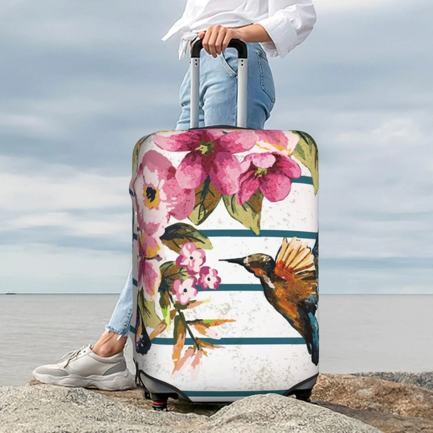 Luggage Cover Elastic Suitcase Cover Protector Washable Covers Fit 18-32 Inch Luggage-Bird And Floral