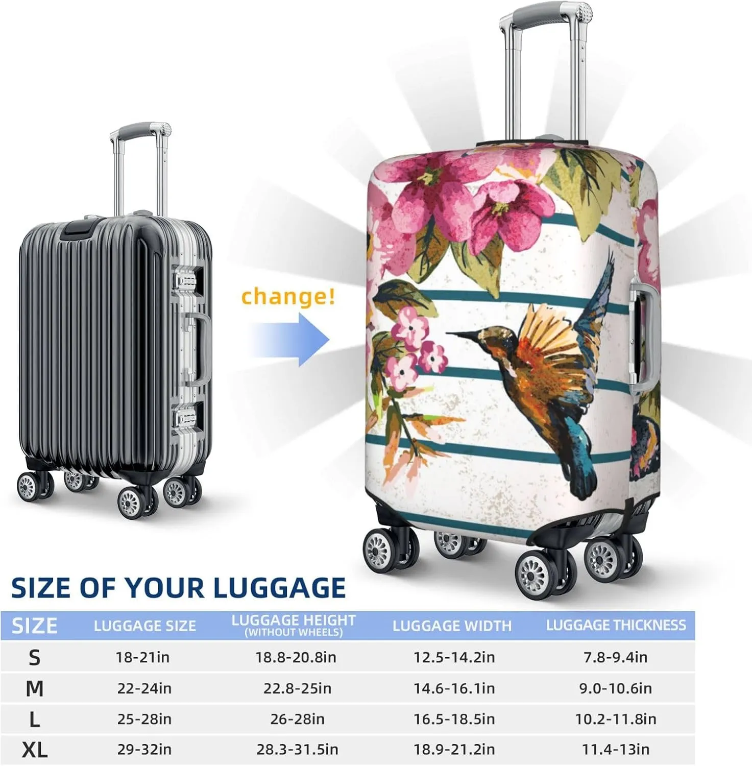 Luggage Cover Elastic Suitcase Cover Protector Washable Covers Fit 18-32 Inch Luggage-Bird And Floral