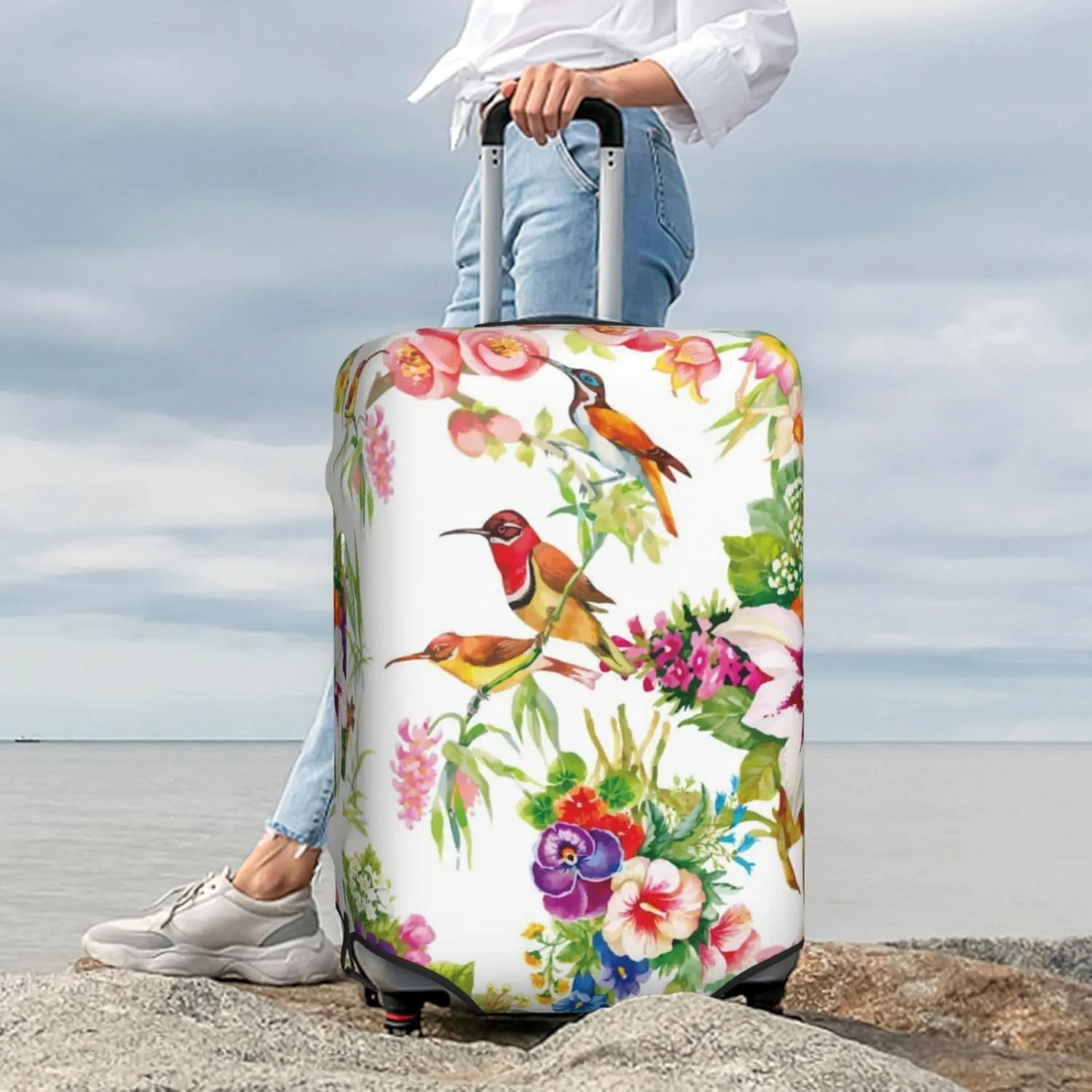 Luggage Cover Elastic Suitcase Cover Protector Washable Covers Fit 18-32 Inch Luggage-Birds And Flowers