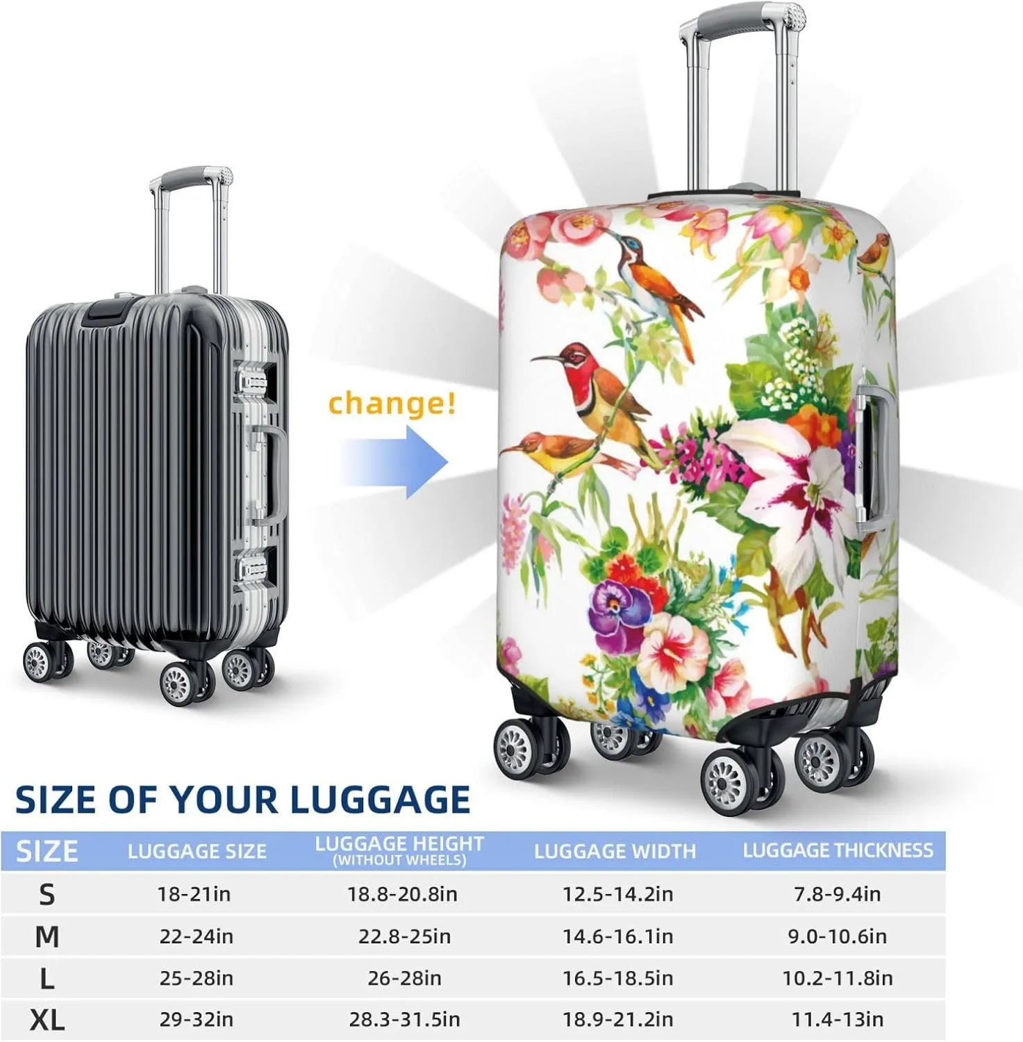 Luggage Cover Elastic Suitcase Cover Protector Washable Covers Fit 18-32 Inch Luggage-Birds And Flowers