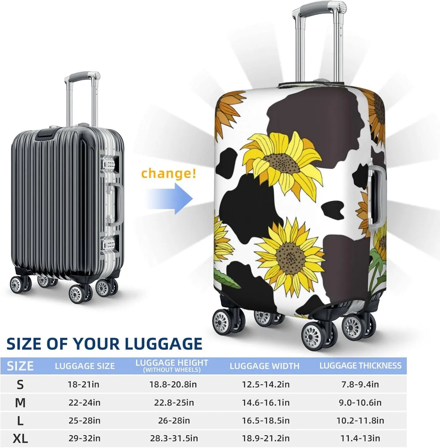 Luggage Cover Elastic Suitcase Cover Protector Washable Covers Fit 18-32 Inch Luggage-Black Cow Print With Sunflowers Country