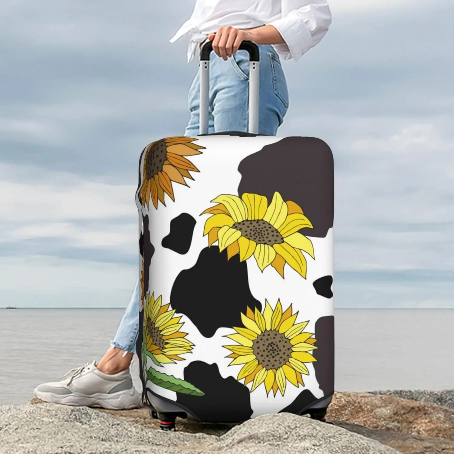 Luggage Cover Elastic Suitcase Cover Protector Washable Covers Fit 18-32 Inch Luggage-Black Cow Print With Sunflowers Country