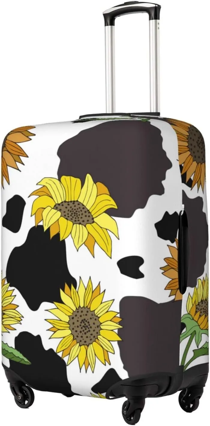 Luggage Cover Elastic Suitcase Cover Protector Washable Covers Fit 18-32 Inch Luggage-Black Cow Print With Sunflowers Country