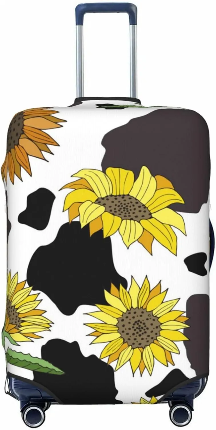 Luggage Cover Elastic Suitcase Cover Protector Washable Covers Fit 18-32 Inch Luggage-Black Cow Print With Sunflowers Country