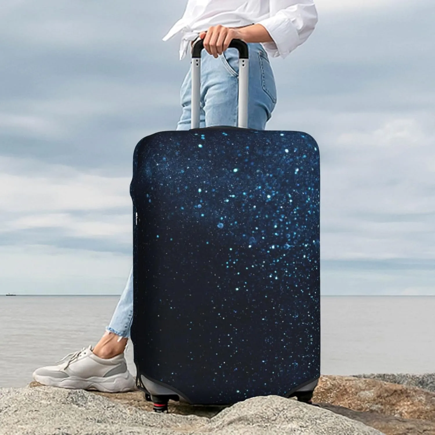 Luggage Cover Elastic Suitcase Cover Protector Washable Covers Fit 18-32 Inch Luggage-Blue Glitter Retro