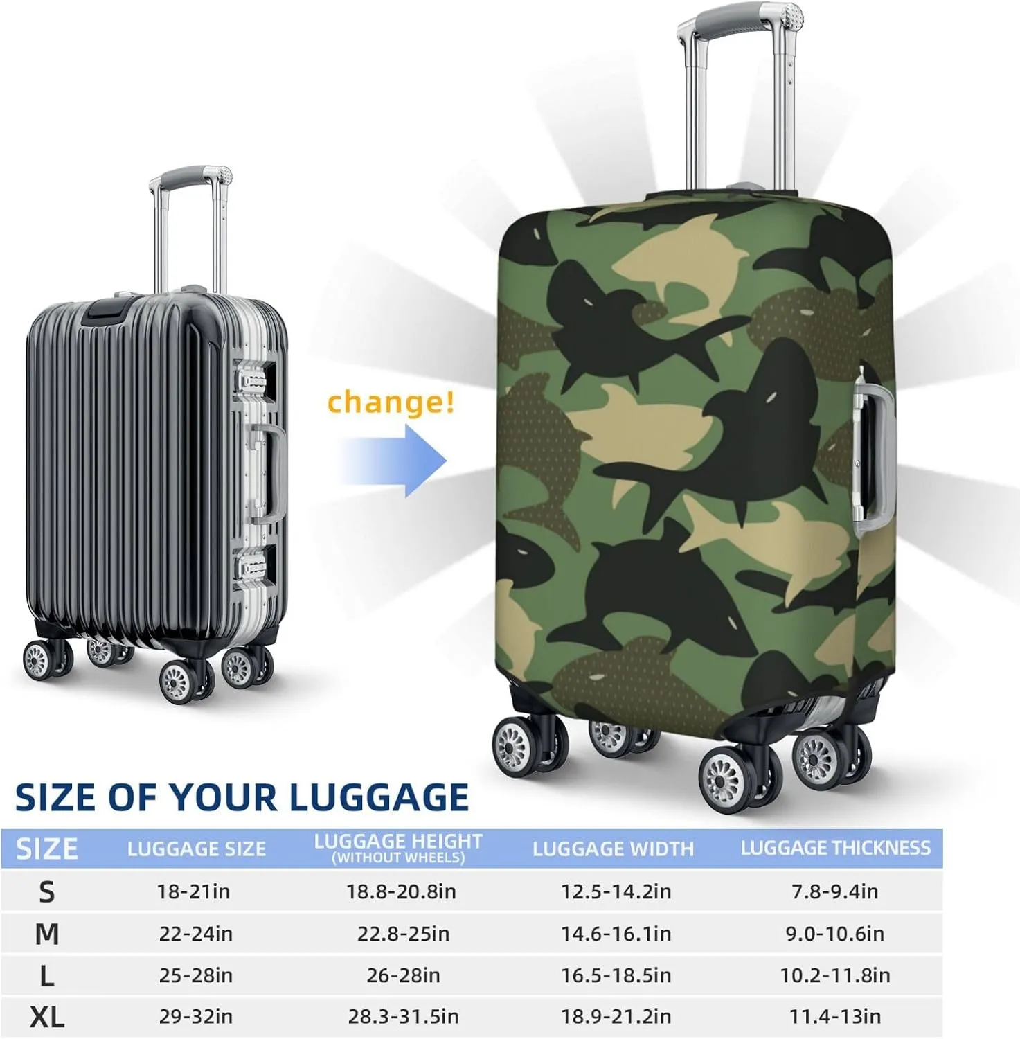 Luggage Cover Elastic Suitcase Cover Protector Washable Covers Fit 18-32 Inch Luggage-Camouflage Shark