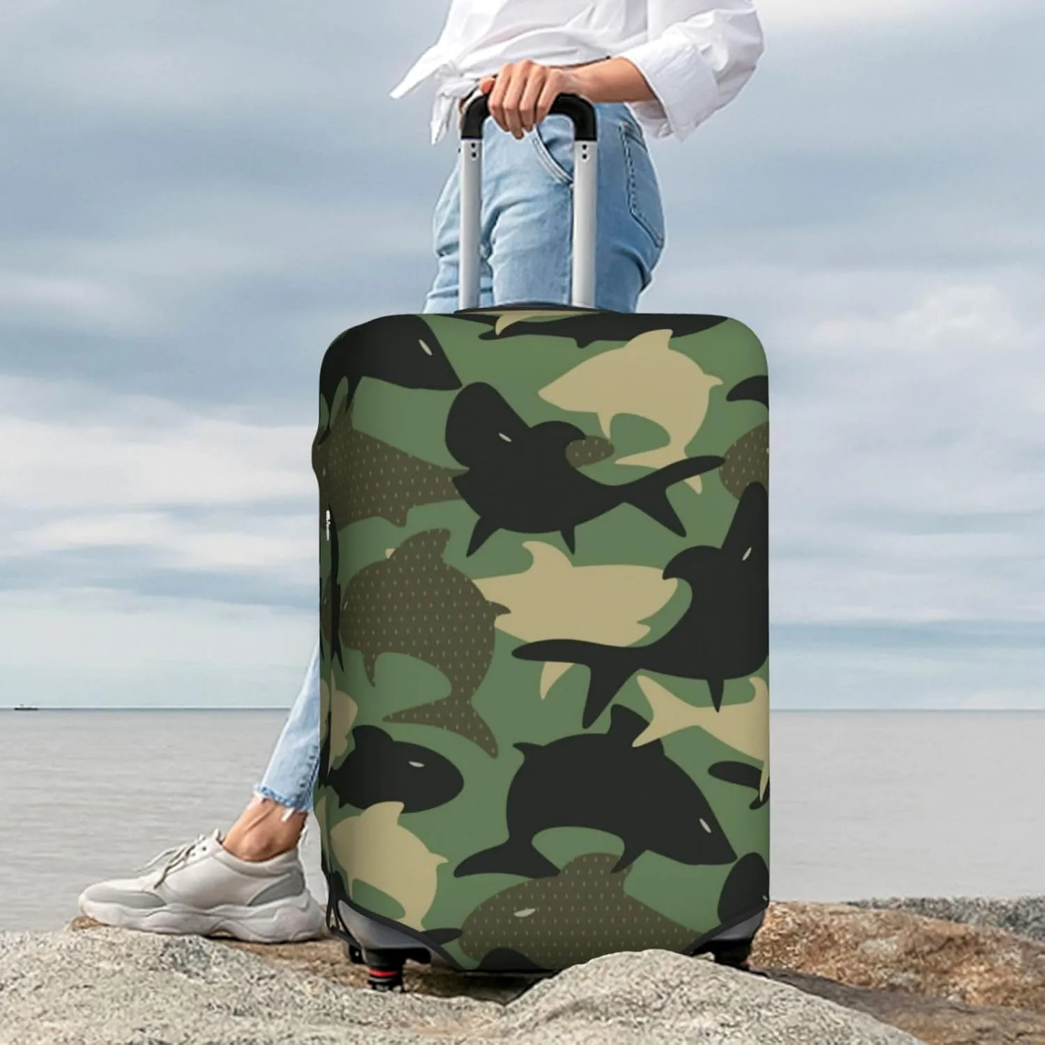 Luggage Cover Elastic Suitcase Cover Protector Washable Covers Fit 18-32 Inch Luggage-Camouflage Shark