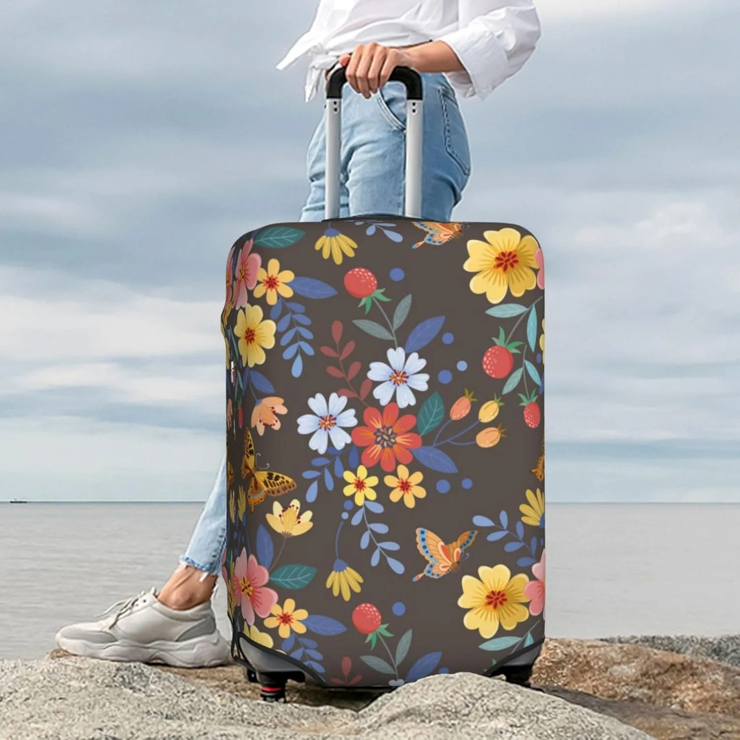 Luggage Cover Elastic Suitcase Cover Protector Washable Covers Fit 18-32 Inch Luggage-Colorful Flowers With Butterfly