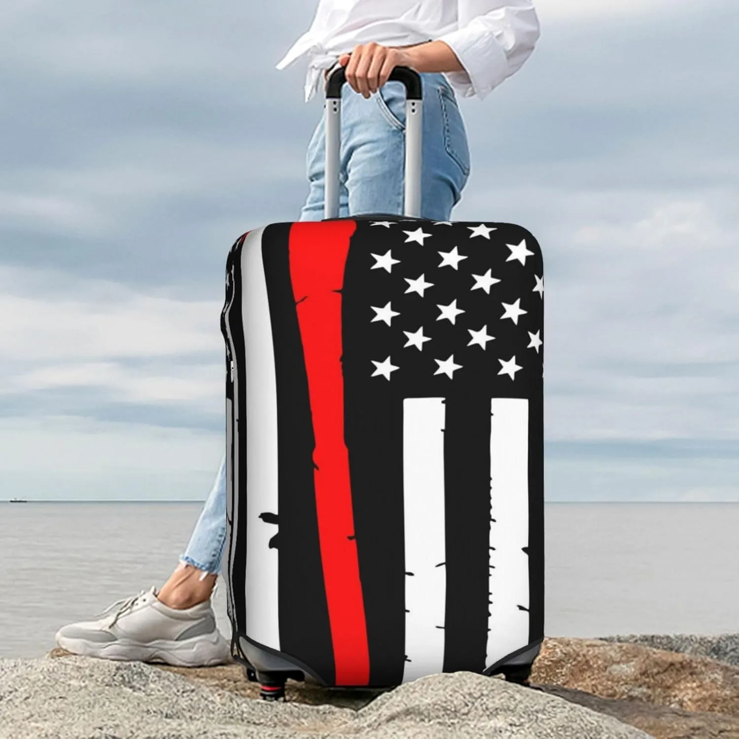 Luggage Cover Elastic Suitcase Cover Protector Washable Covers Fit 18-32 Inch Luggage-Firefighters Usa Flag Black And White Flag With Red Axe Fireman Gift