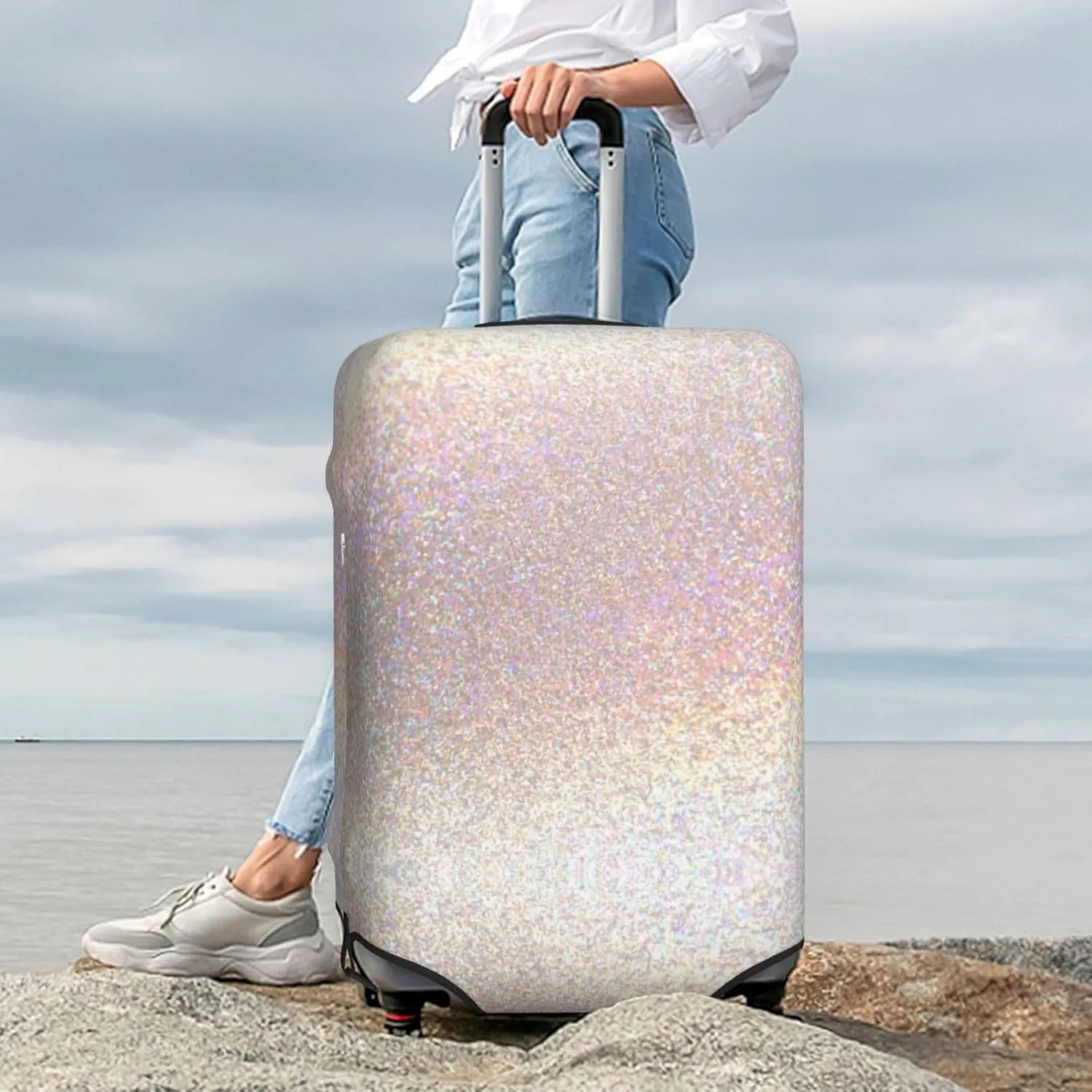 Luggage Cover Elastic Suitcase Cover Protector Washable Covers Fit 18-32 Inch Luggage-Glitter Light Pearl