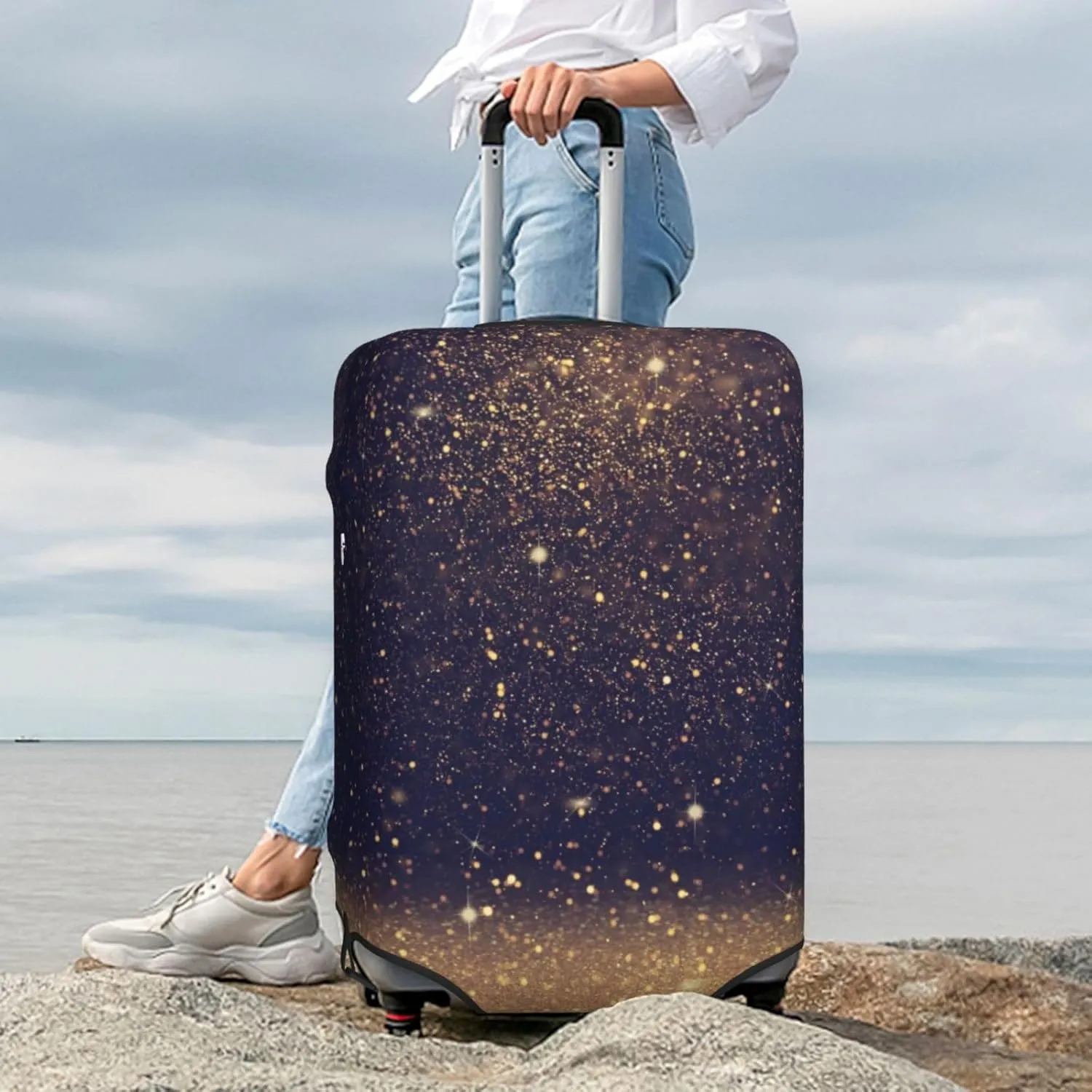 Luggage Cover Elastic Suitcase Cover Protector Washable Covers Fit 18-32 Inch Luggage-Gold Black Glitter
