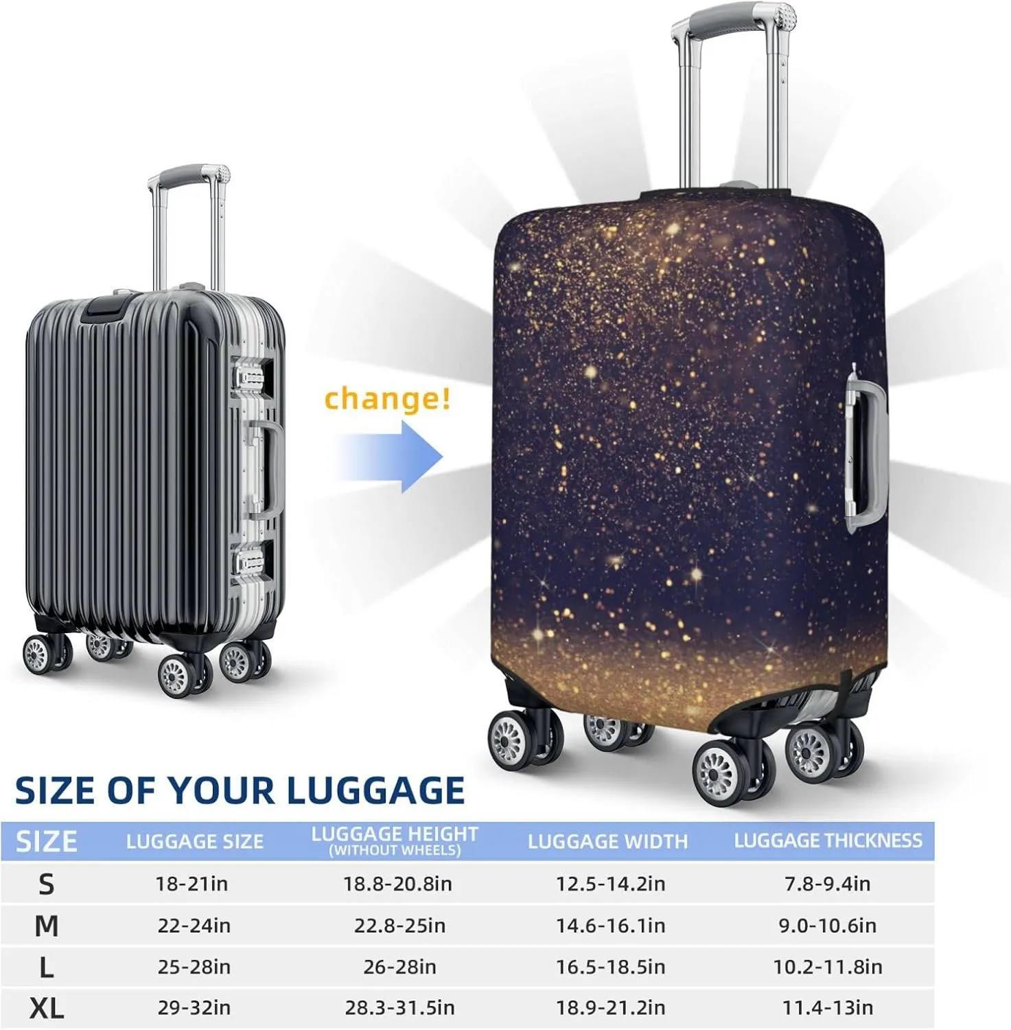 Luggage Cover Elastic Suitcase Cover Protector Washable Covers Fit 18-32 Inch Luggage-Gold Black Glitter