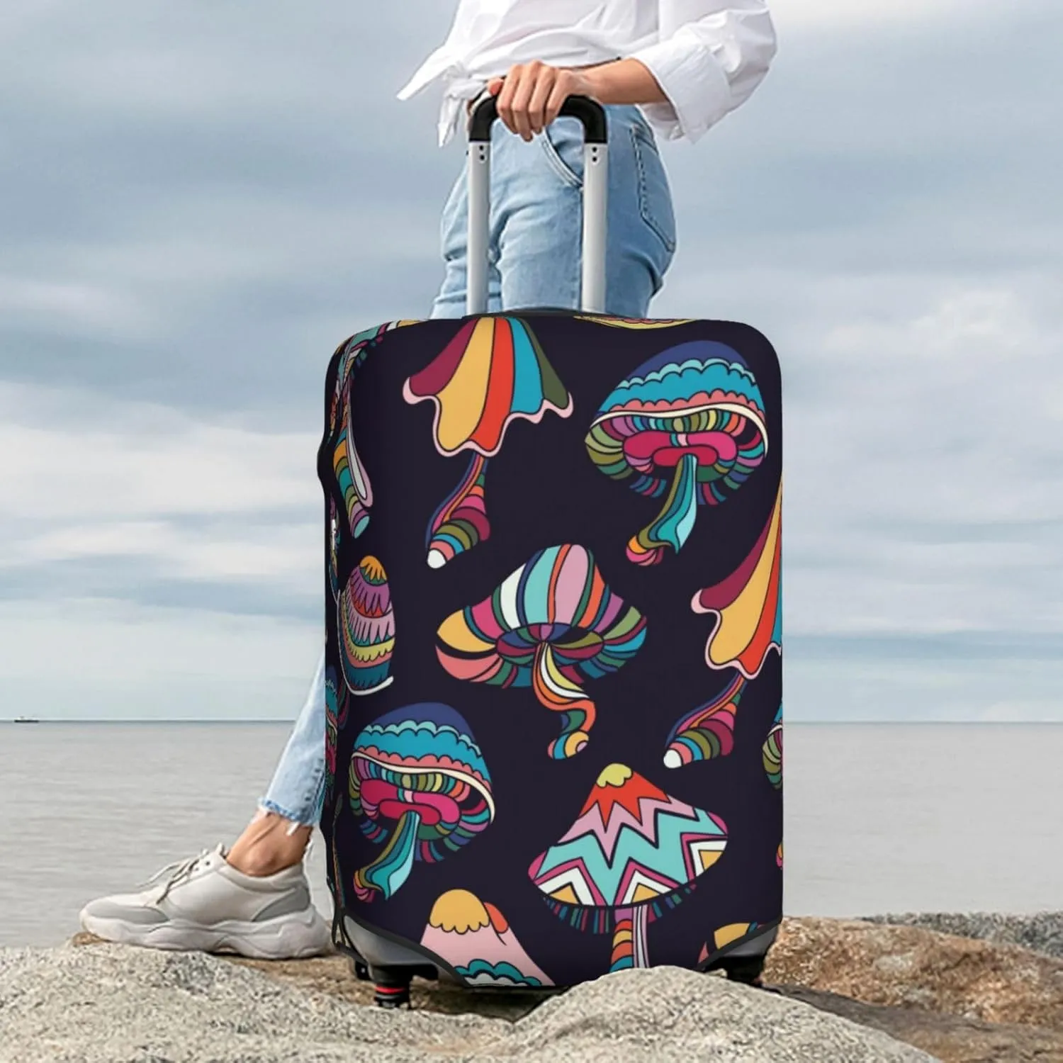 Luggage Cover Elastic Suitcase Cover Protector Washable Covers Fit 18-32 Inch Luggage-Mushroom Doodle