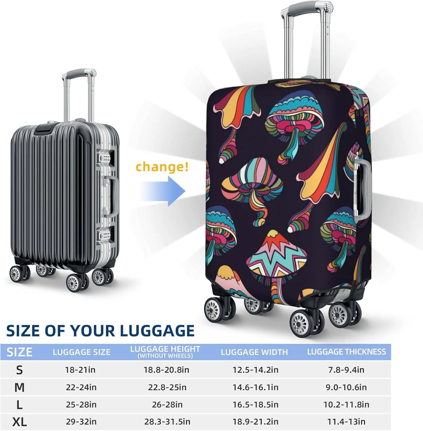 Luggage Cover Elastic Suitcase Cover Protector Washable Covers Fit 18-32 Inch Luggage-Mushroom Doodle
