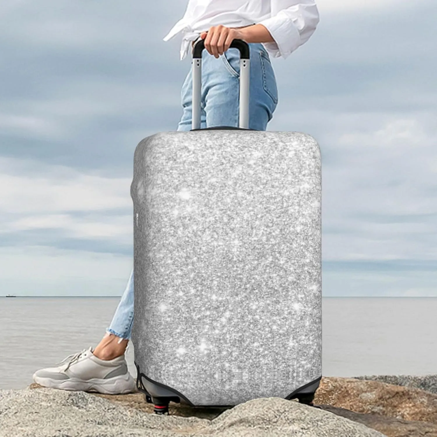 Luggage Cover Elastic Suitcase Cover Protector Washable Covers Fit 18-32 Inch Luggage-Silver Glitter