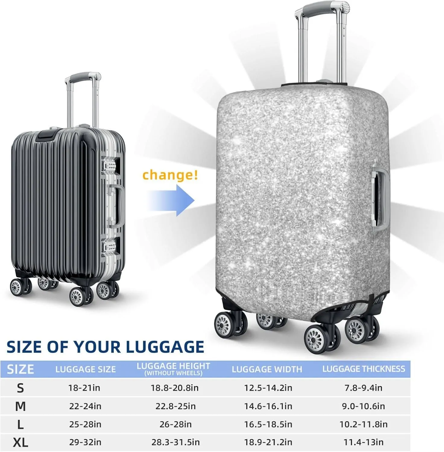 Luggage Cover Elastic Suitcase Cover Protector Washable Covers Fit 18-32 Inch Luggage-Silver Glitter
