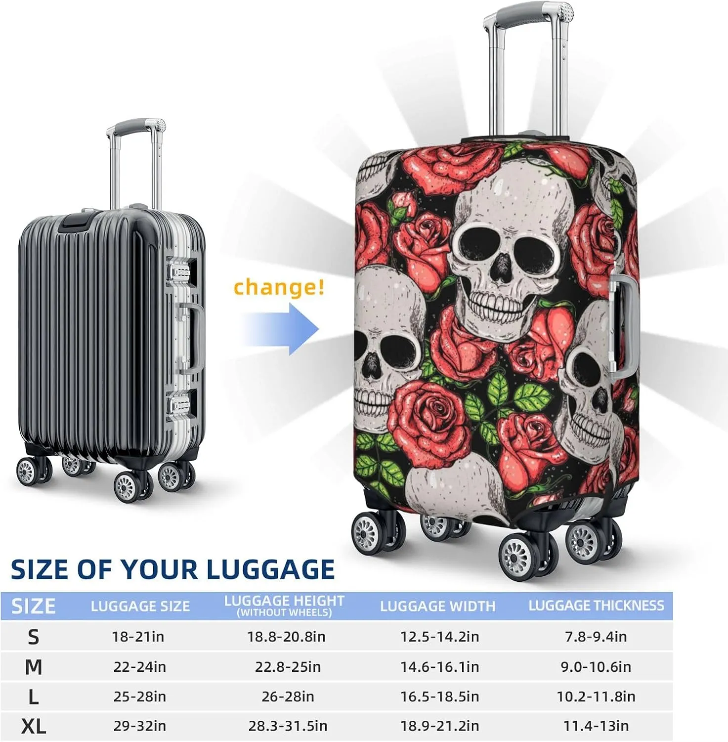 Luggage Cover Elastic Suitcase Cover Protector Washable Covers Fit 18-32 Inch Luggage-Skull And Roses