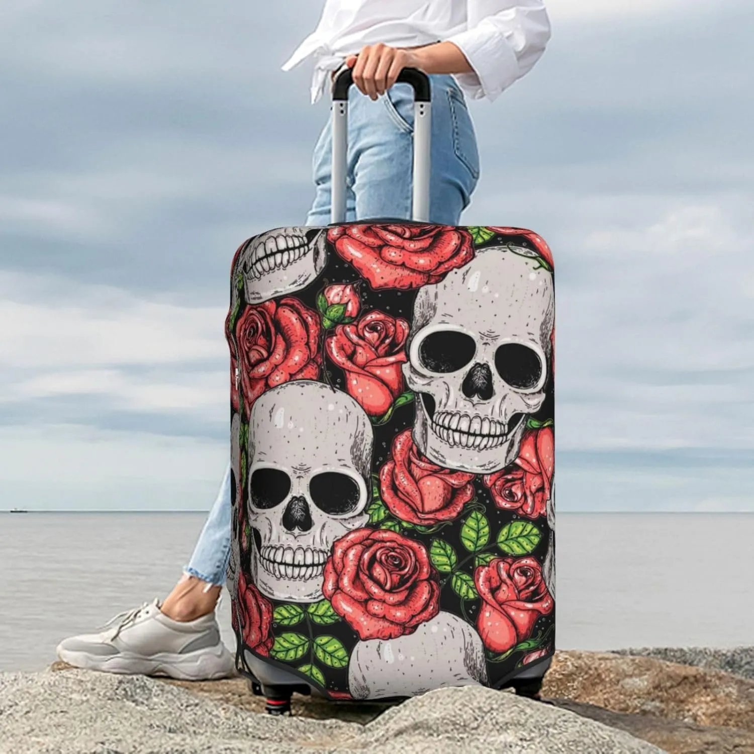 Luggage Cover Elastic Suitcase Cover Protector Washable Covers Fit 18-32 Inch Luggage-Skull And Roses