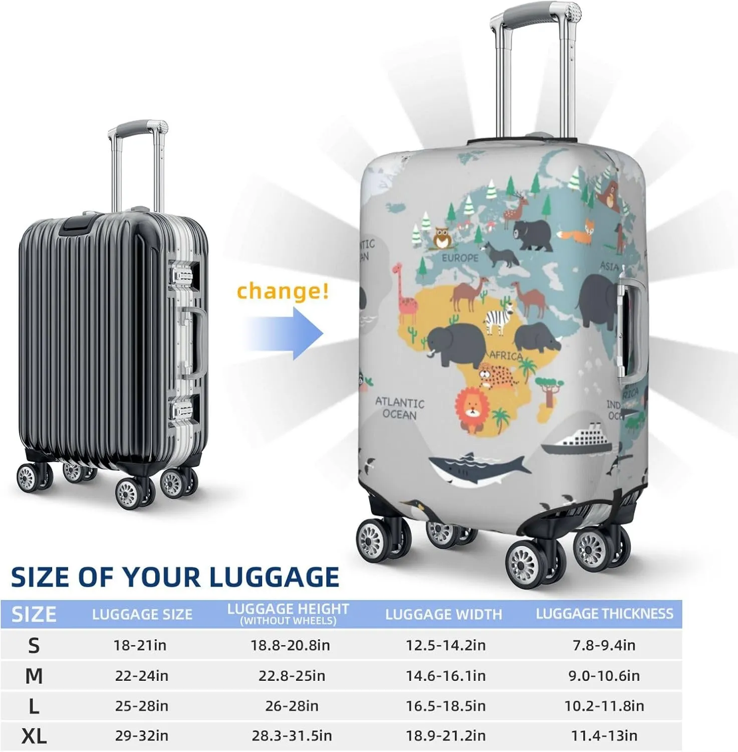 Luggage Cover Elastic Suitcase Cover Protector Washable Covers Fit 18-32 Inch Luggage-The World Map With Cartoon Animals