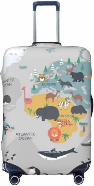 Luggage Cover Elastic Suitcase Cover Protector Washable Covers Fit 18-32 Inch Luggage-The World Map With Cartoon Animals
