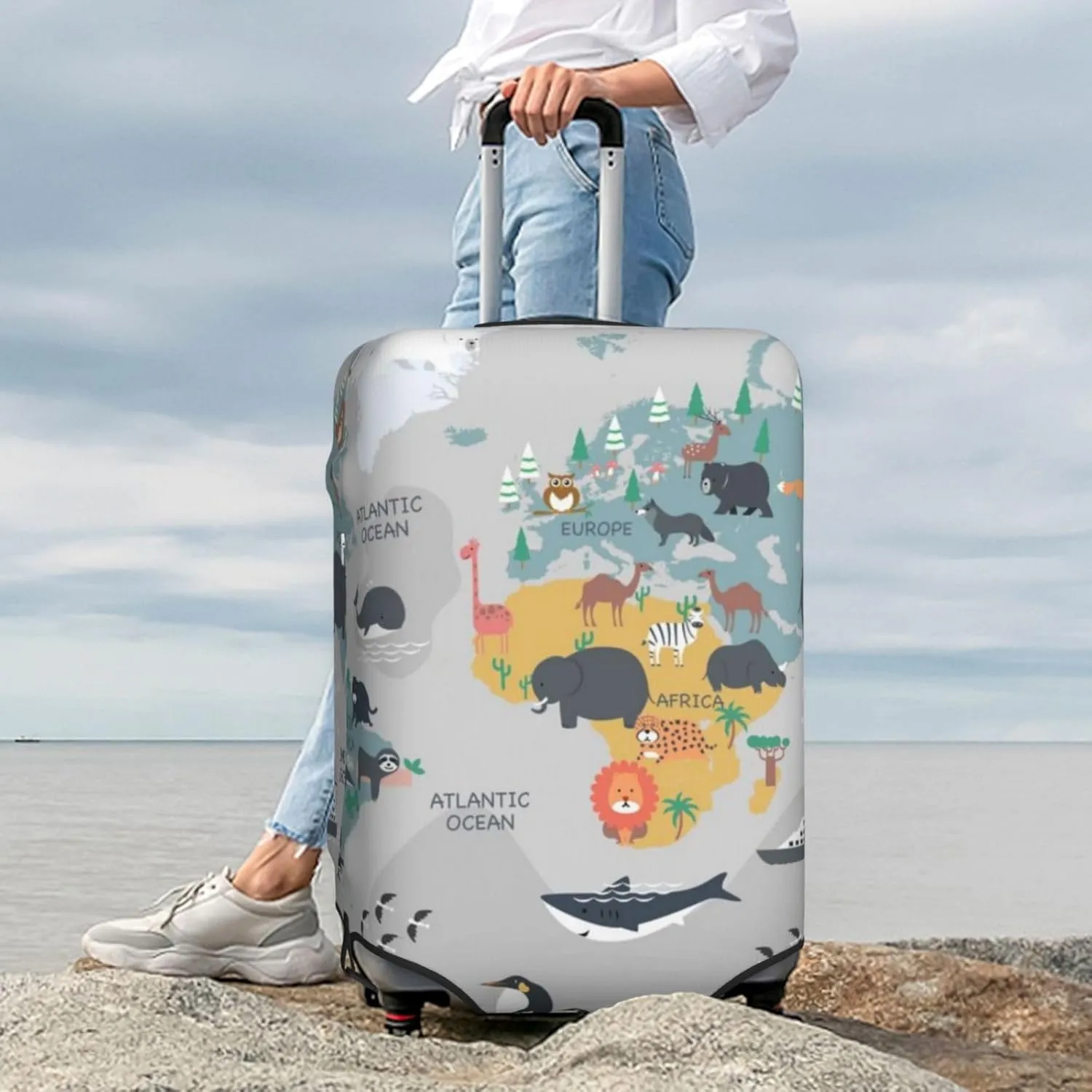 Luggage Cover Elastic Suitcase Cover Protector Washable Covers Fit 18-32 Inch Luggage-The World Map With Cartoon Animals