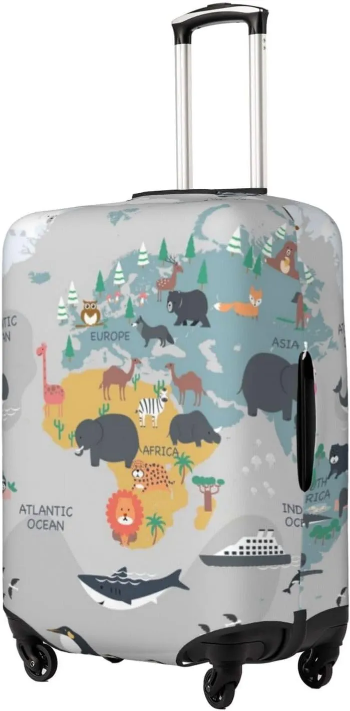Luggage Cover Elastic Suitcase Cover Protector Washable Covers Fit 18-32 Inch Luggage-The World Map With Cartoon Animals