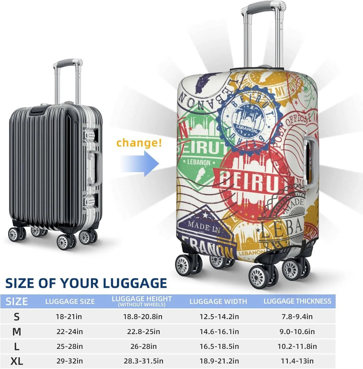 Luggage Cover Elastic Suitcase Cover Protector Washable Covers Fit 18-32 Inch Luggage-Travel Stamp