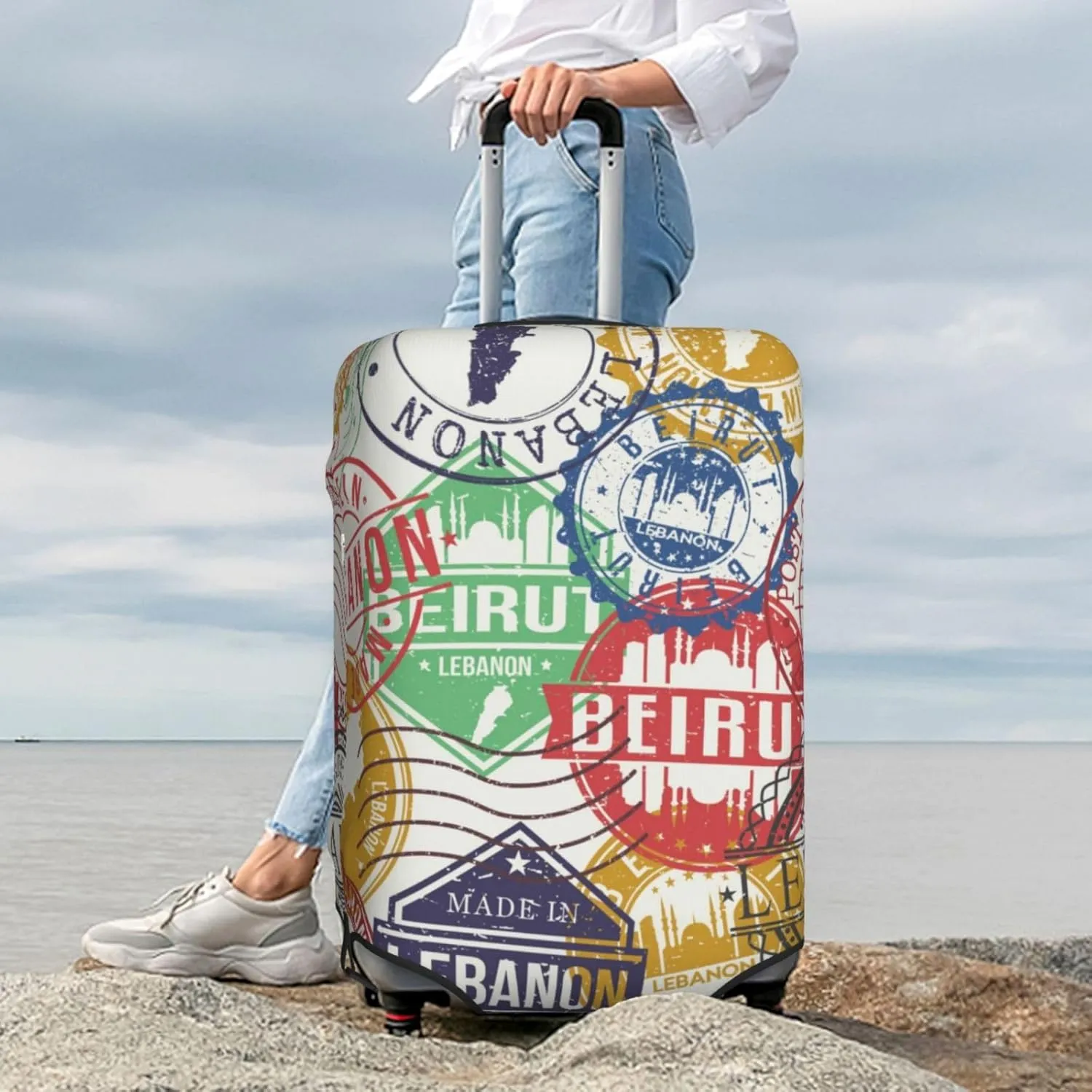 Luggage Cover Elastic Suitcase Cover Protector Washable Covers Fit 18-32 Inch Luggage-Travel Stamp