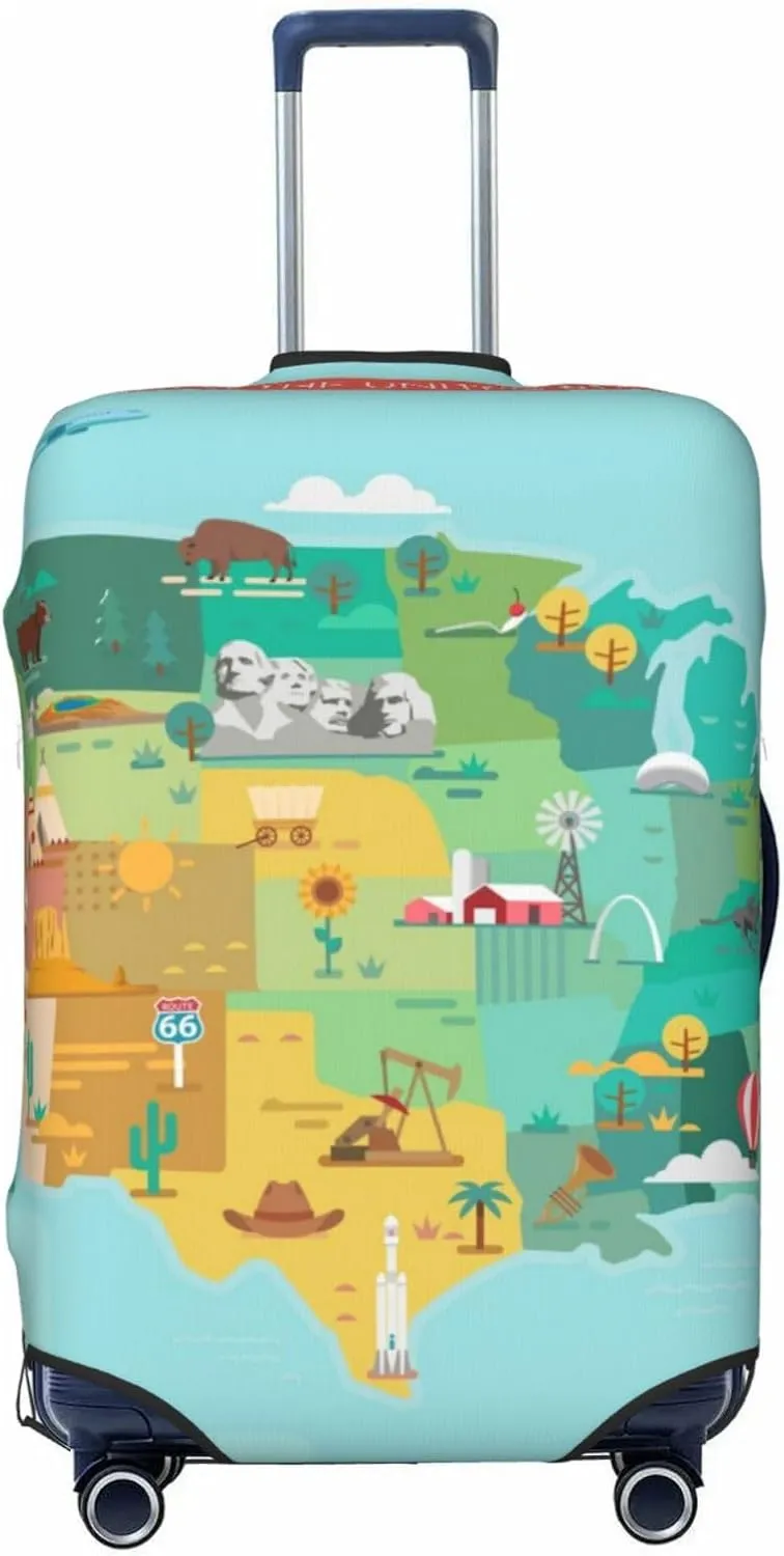 Luggage Cover Elastic Suitcase Cover Protector Washable Covers Fit 18-32 Inch Luggage-Usa Tourist Map With Famous Landmarks
