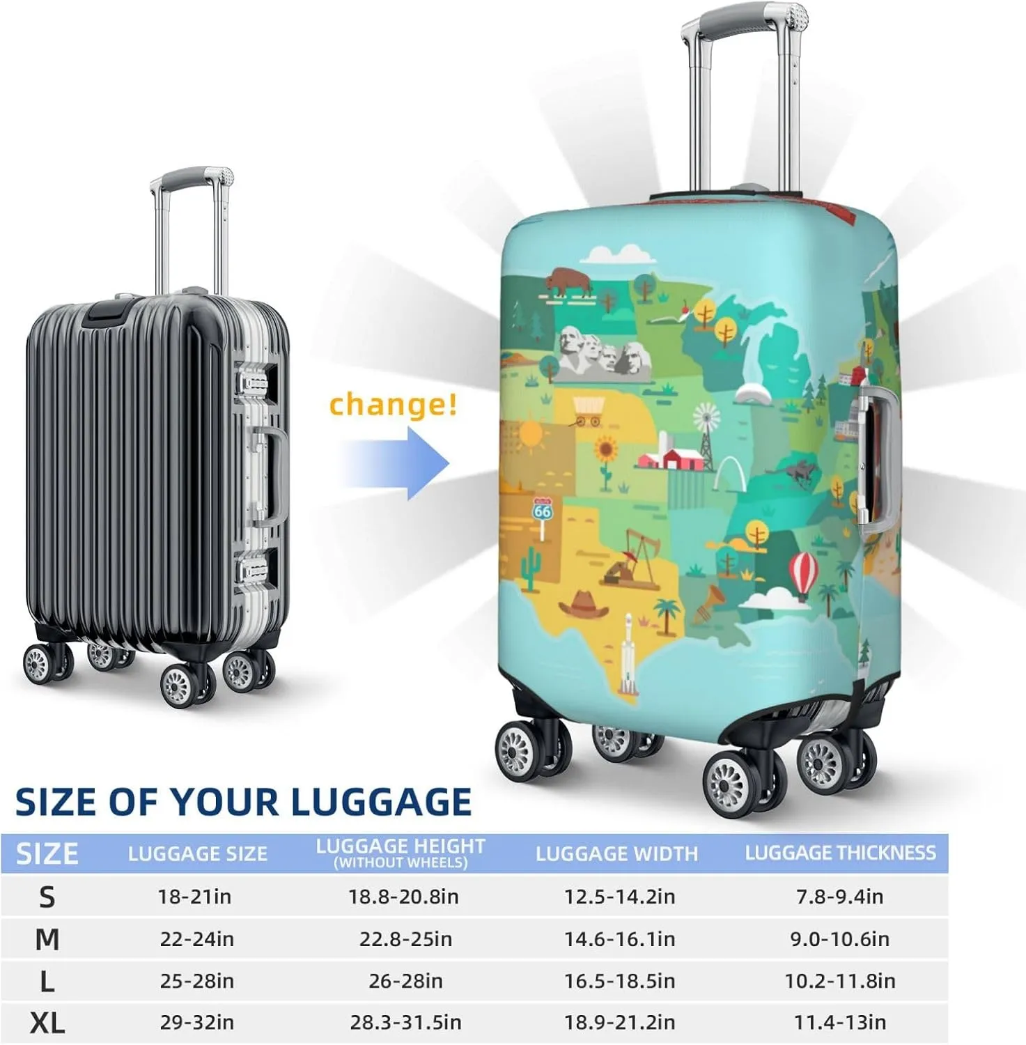 Luggage Cover Elastic Suitcase Cover Protector Washable Covers Fit 18-32 Inch Luggage-Usa Tourist Map With Famous Landmarks