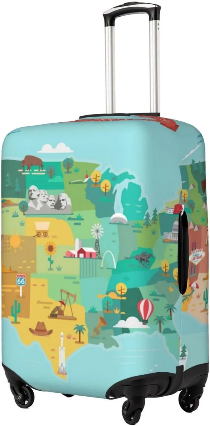 Luggage Cover Elastic Suitcase Cover Protector Washable Covers Fit 18-32 Inch Luggage-Usa Tourist Map With Famous Landmarks