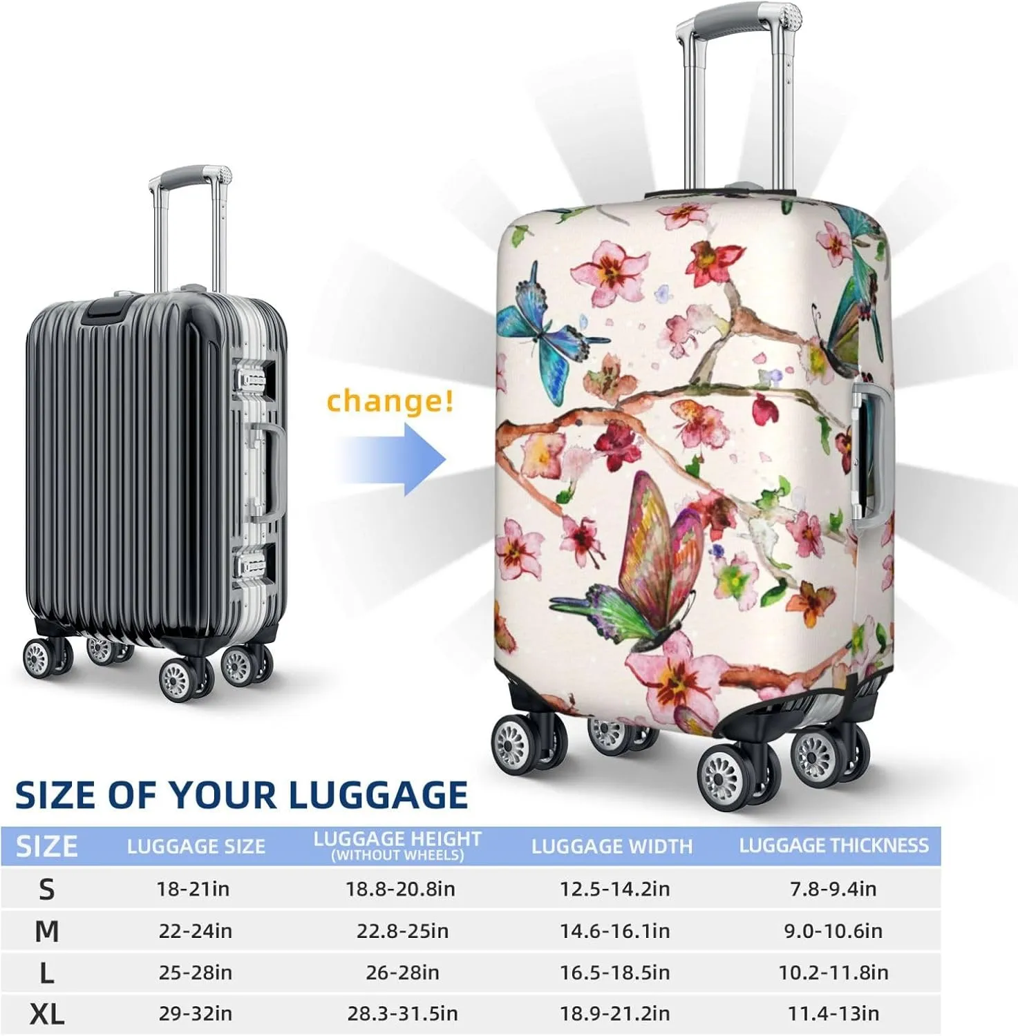 Luggage Cover Elastic Suitcase Cover Protector Washable Covers Fit 18-32 Inch Luggage-Watercolor Floral With Butterflies