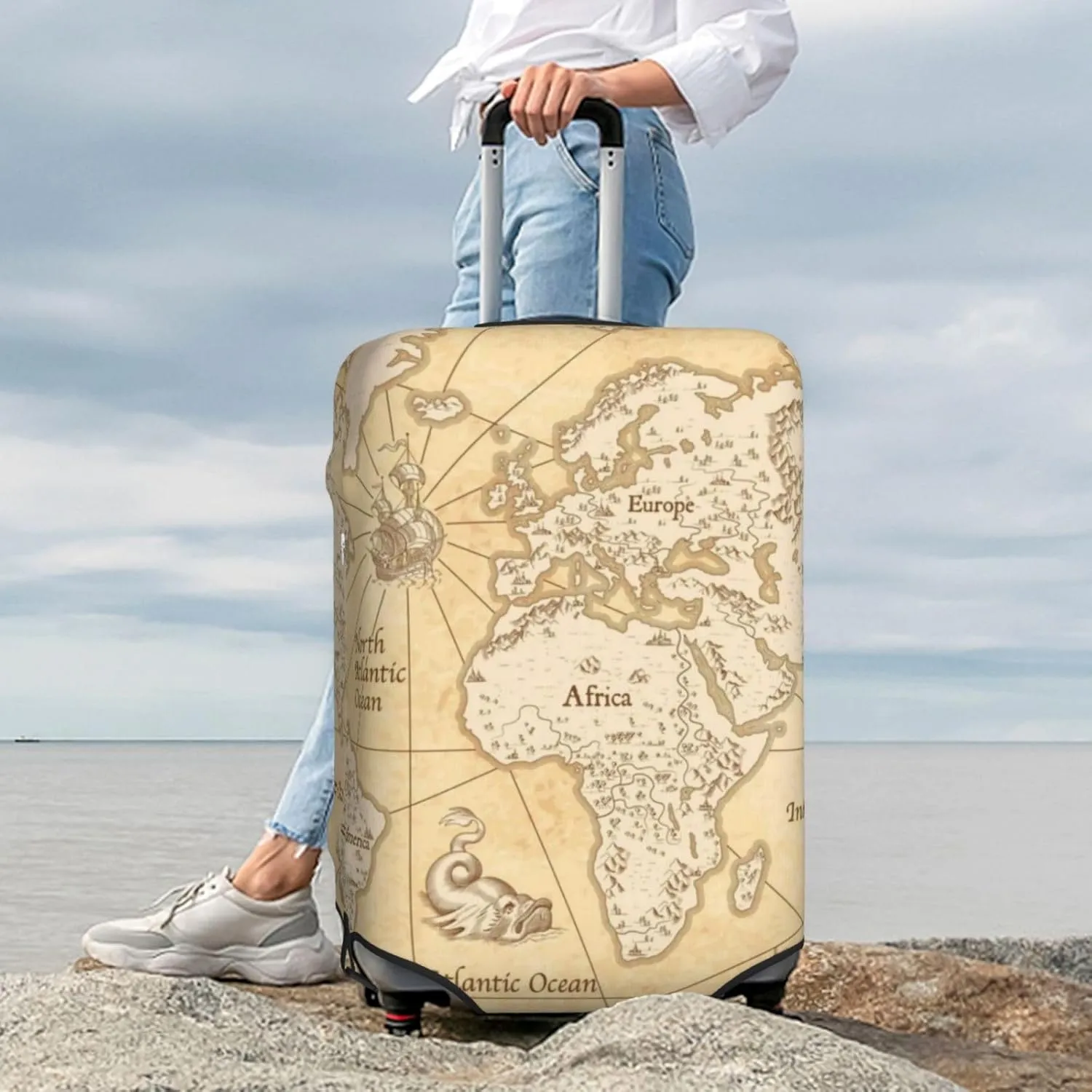Luggage Cover Elastic Suitcase Cover Protector Washable Covers Fit 18-32 Inch Luggage-World Map (2)