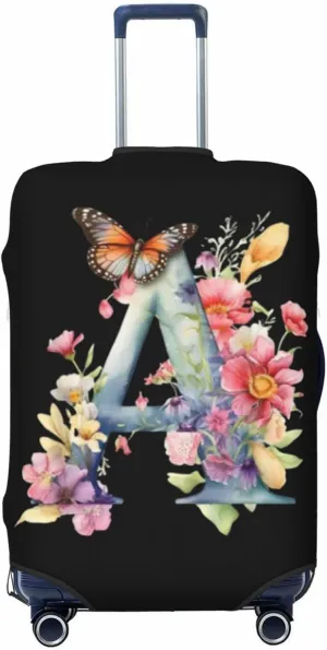 Luggage Cover Flower Butterfly Letter A Black Suitcase Protector fits 18-32inch Travel Suitcase Cover Dustproof Washable with Concealed Zipper for Wheeled Suitcase LC292