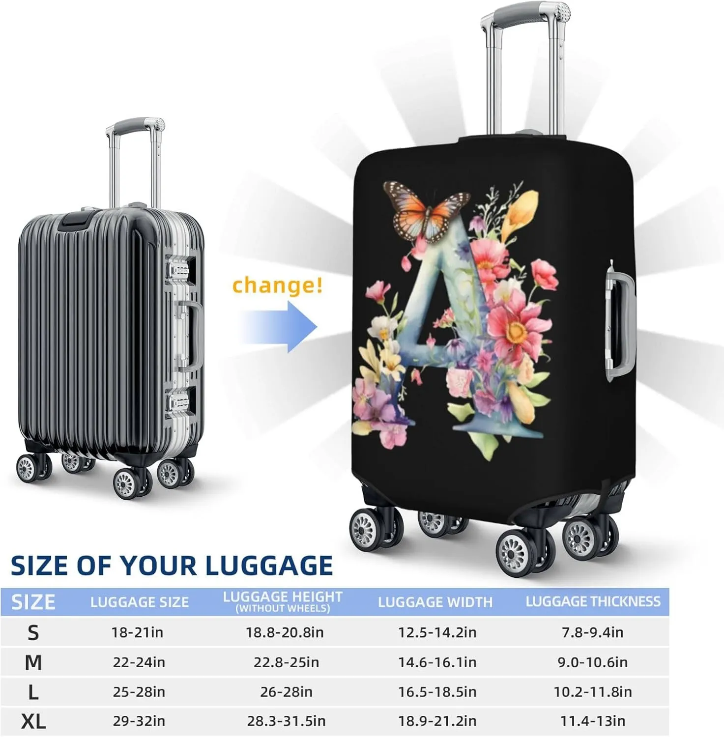 Luggage Cover Flower Butterfly Letter A Black Suitcase Protector fits 18-32inch Travel Suitcase Cover Dustproof Washable with Concealed Zipper for Wheeled Suitcase LC292