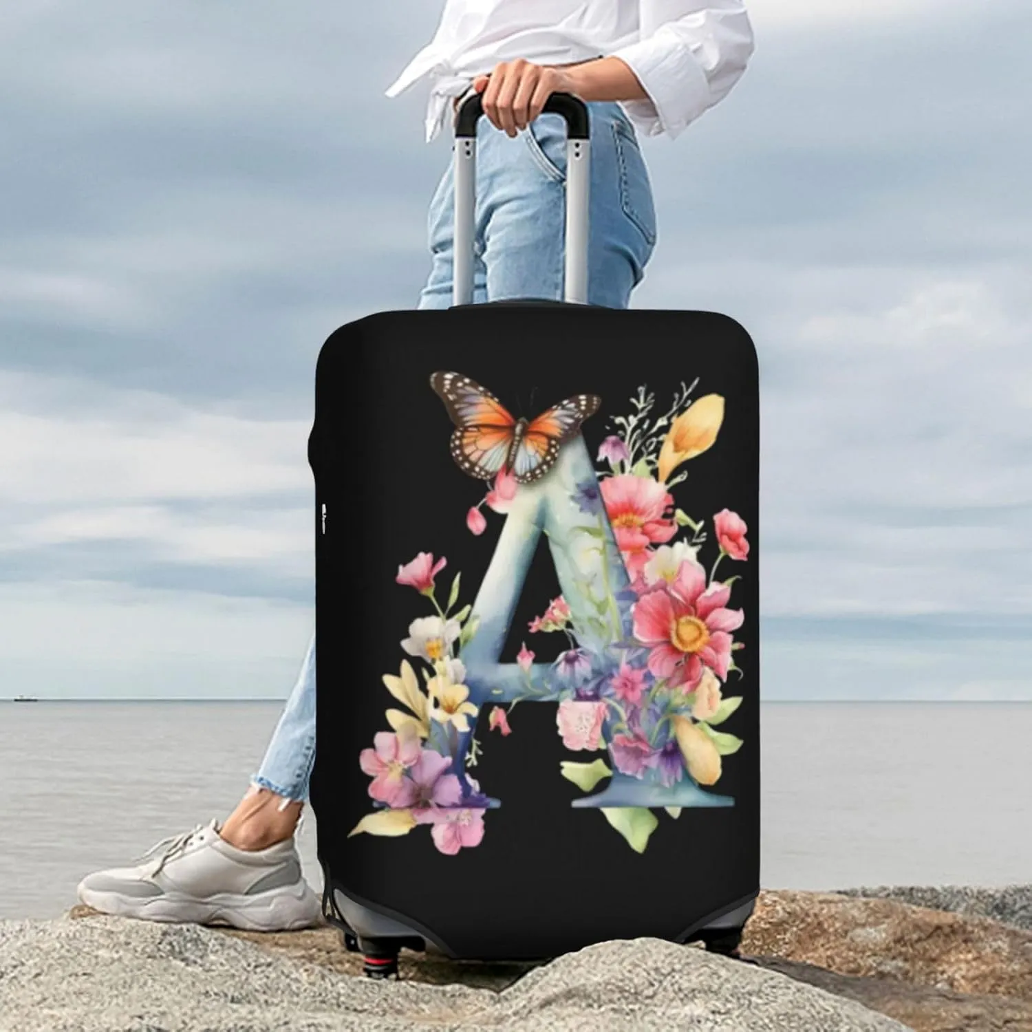 Luggage Cover Flower Butterfly Letter A Black Suitcase Protector fits 18-32inch Travel Suitcase Cover Dustproof Washable with Concealed Zipper for Wheeled Suitcase LC292