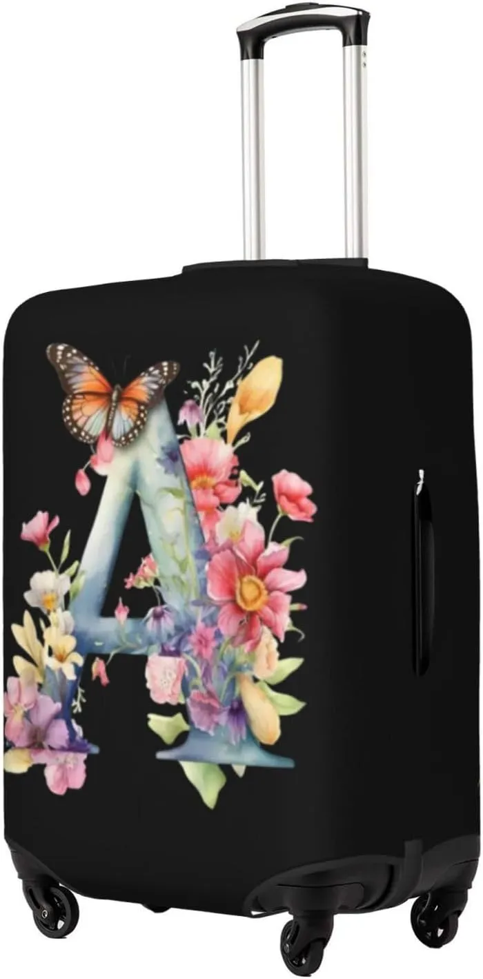 Luggage Cover Flower Butterfly Letter A Black Suitcase Protector fits 18-32inch Travel Suitcase Cover Dustproof Washable with Concealed Zipper for Wheeled Suitcase LC292