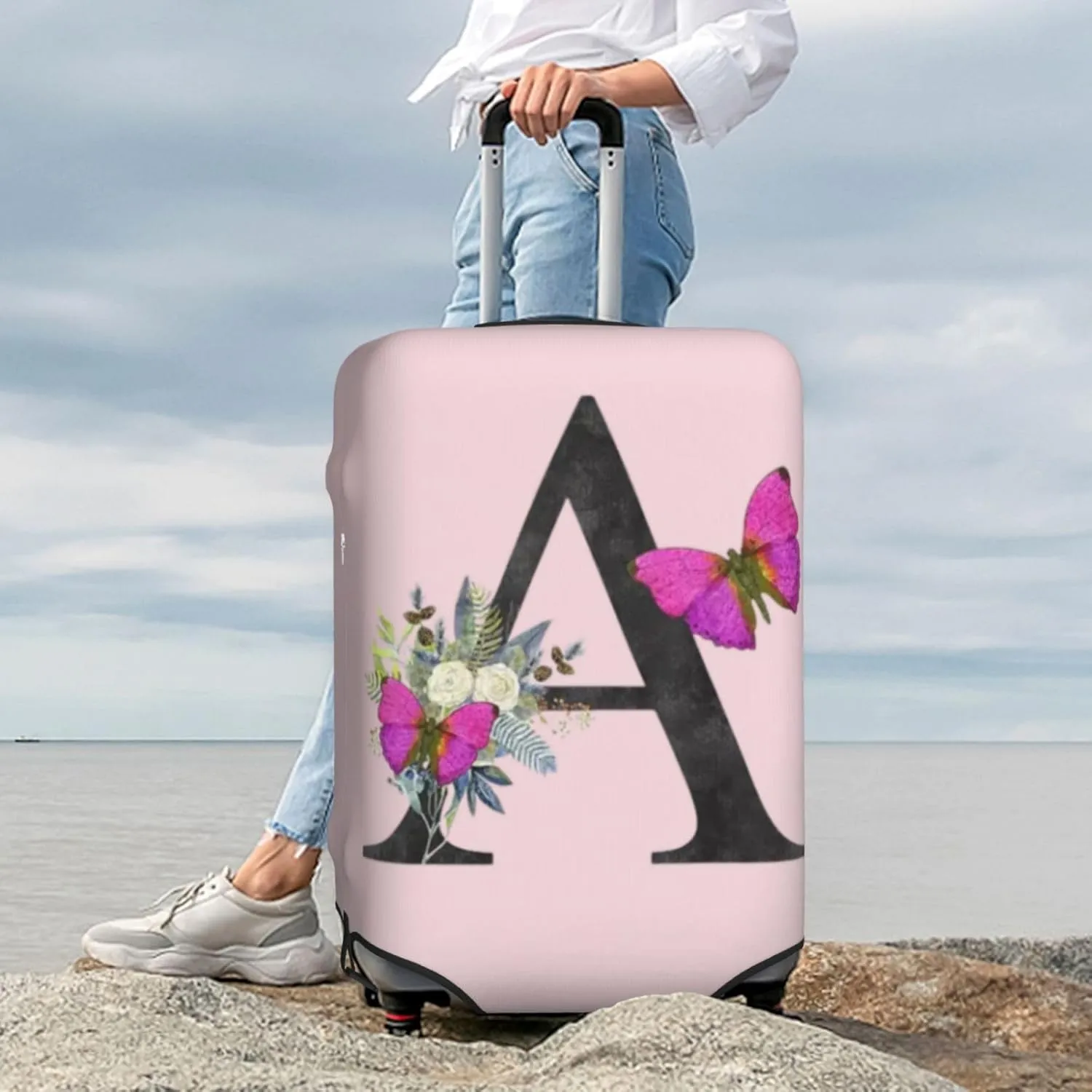 Luggage Cover Flower Butterfly Letter A Pink Suitcase Protector fits 18-32inch Travel Suitcase Cover Dustproof Washable with Concealed Zipper for Wheeled Suitcase LC902