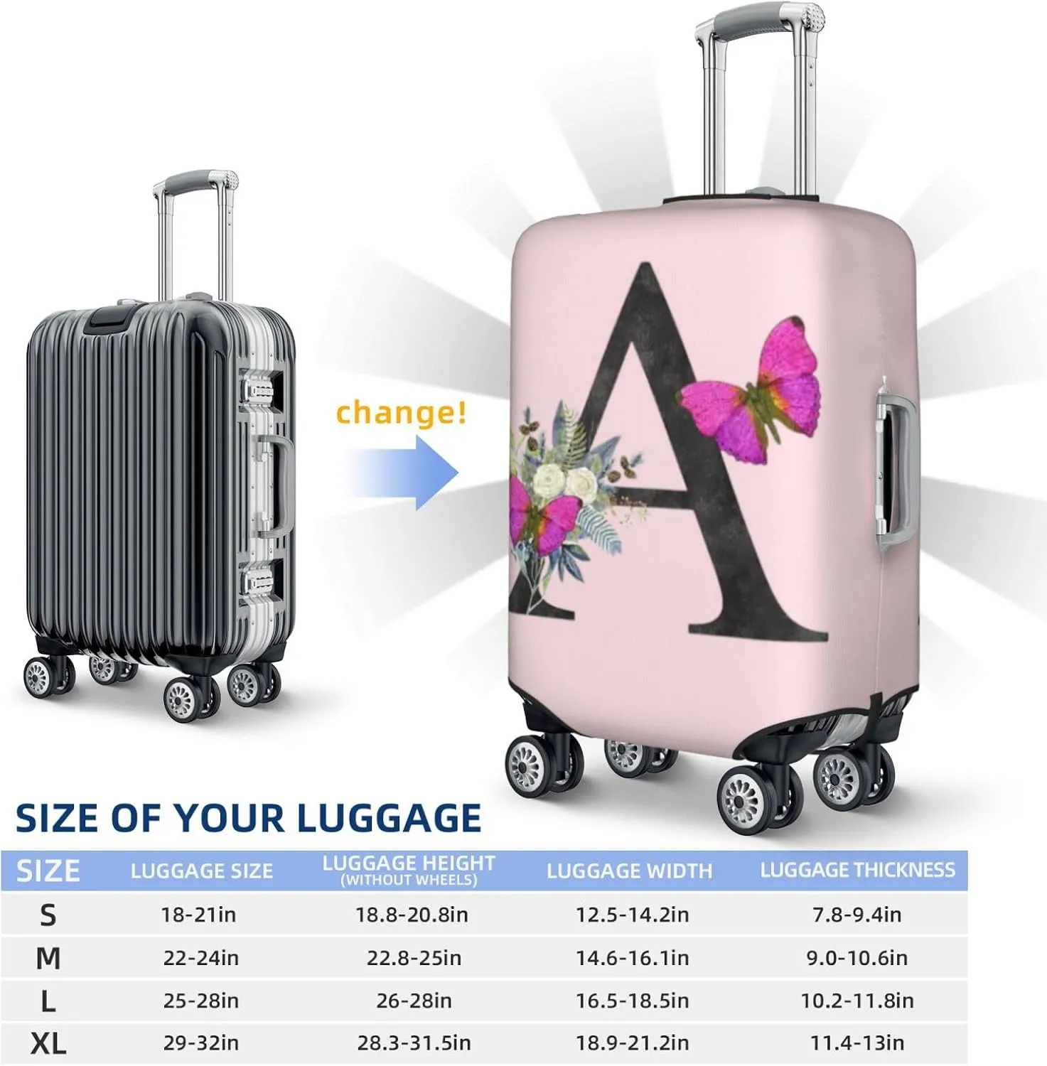 Luggage Cover Flower Butterfly Letter A Pink Suitcase Protector fits 18-32inch Travel Suitcase Cover Dustproof Washable with Concealed Zipper for Wheeled Suitcase LC902