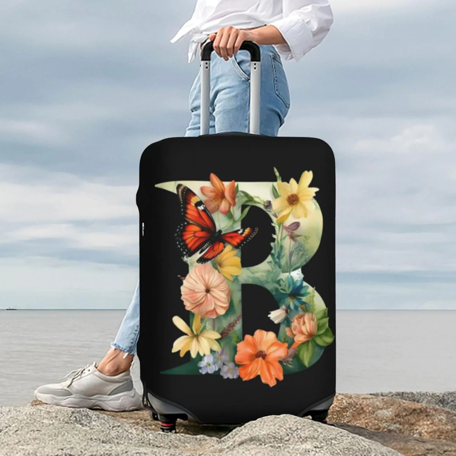 Luggage Cover Flower Butterfly Letter B Black Suitcase Protector fits 18-32inch Travel Suitcase Cover Dustproof Washable with Concealed Zipper for Wheeled Suitcase LC296