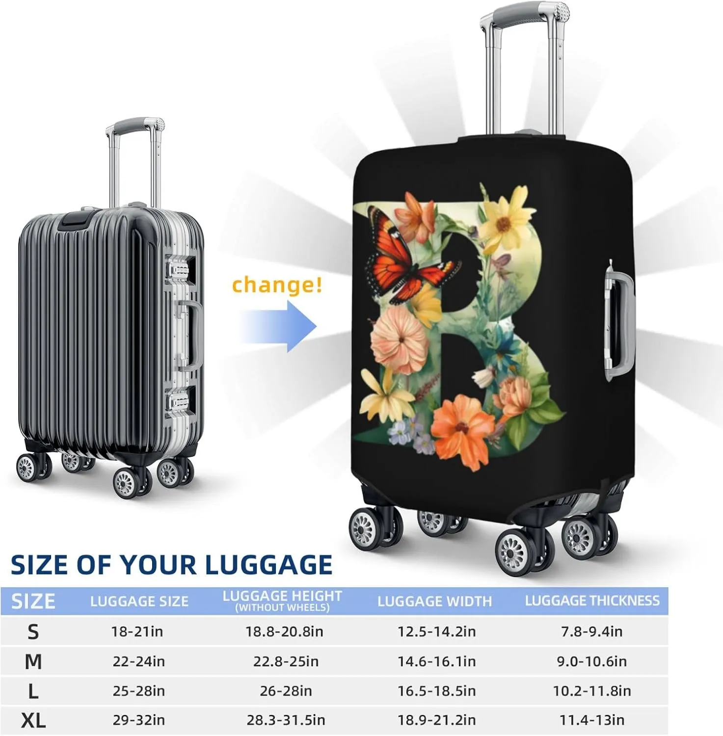 Luggage Cover Flower Butterfly Letter B Black Suitcase Protector fits 18-32inch Travel Suitcase Cover Dustproof Washable with Concealed Zipper for Wheeled Suitcase LC296