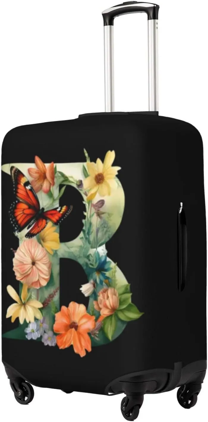 Luggage Cover Flower Butterfly Letter B Black Suitcase Protector fits 18-32inch Travel Suitcase Cover Dustproof Washable with Concealed Zipper for Wheeled Suitcase LC296