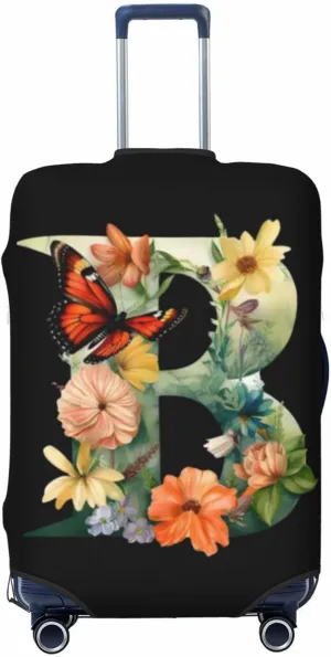 Luggage Cover Flower Butterfly Letter B Black Suitcase Protector fits 18-32inch Travel Suitcase Cover Dustproof Washable with Concealed Zipper for Wheeled Suitcase LC296