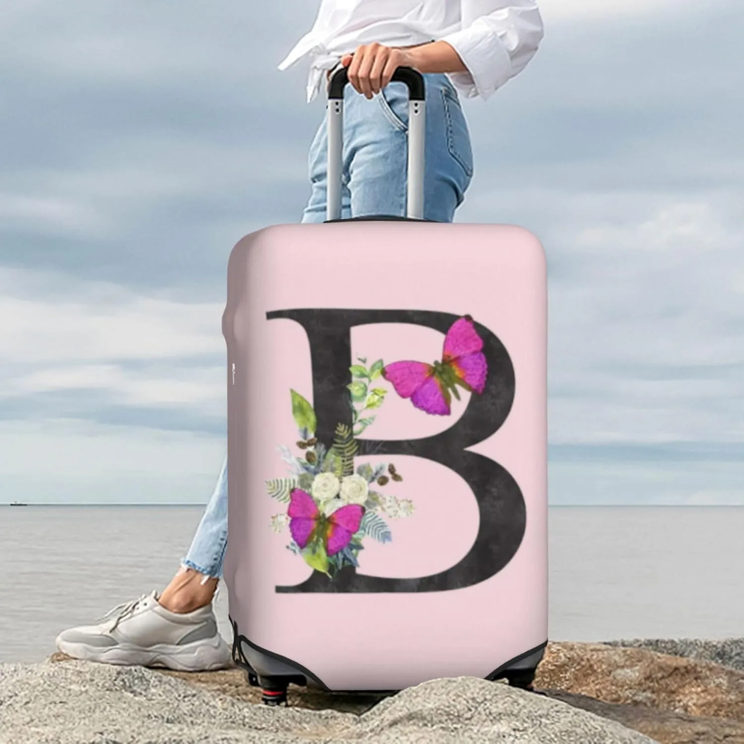 Luggage Cover Flower Butterfly Letter B Pink Suitcase Protector fits 18-32inch Travel Suitcase Cover Dustproof Washable with Concealed Zipper for Wheeled Suitcase LC906