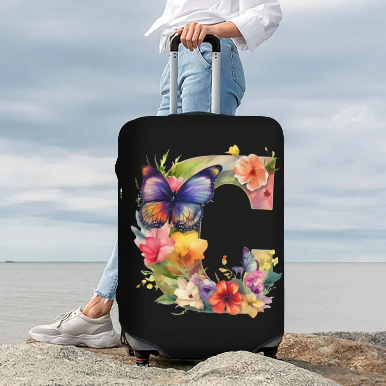 Luggage Cover Flower Butterfly Letter C Black Suitcase Protector fits 18-32inch Travel Suitcase Cover Dustproof Washable with Concealed Zipper for Wheeled Suitcase LC300
