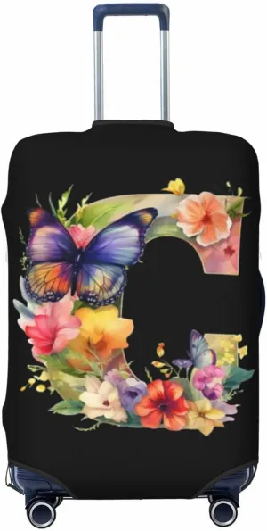 Luggage Cover Flower Butterfly Letter C Black Suitcase Protector fits 18-32inch Travel Suitcase Cover Dustproof Washable with Concealed Zipper for Wheeled Suitcase LC300