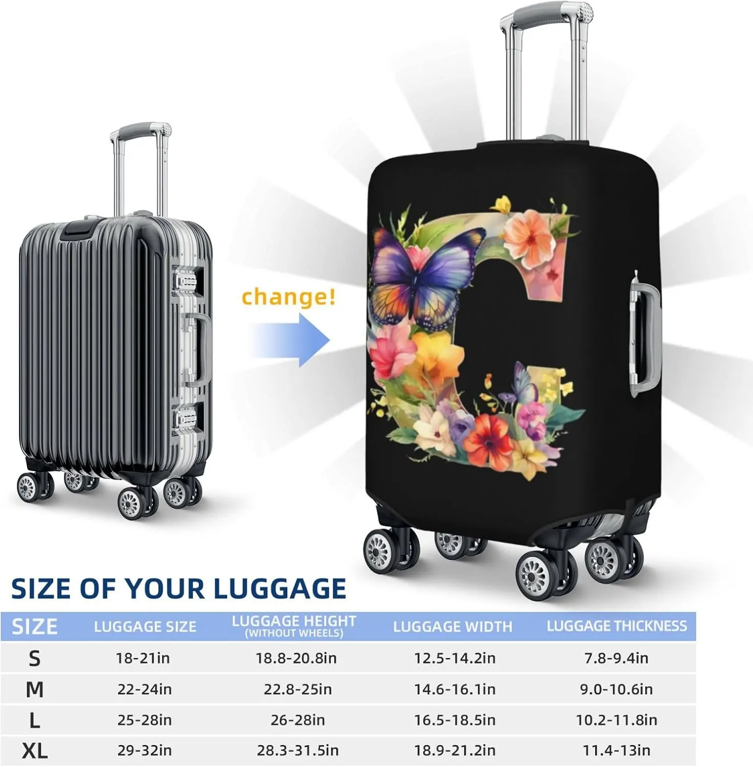 Luggage Cover Flower Butterfly Letter C Black Suitcase Protector fits 18-32inch Travel Suitcase Cover Dustproof Washable with Concealed Zipper for Wheeled Suitcase LC300